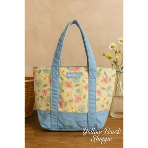 Longaberger Quilted Floral Tote Bag‎ – Blue Trim & Handles